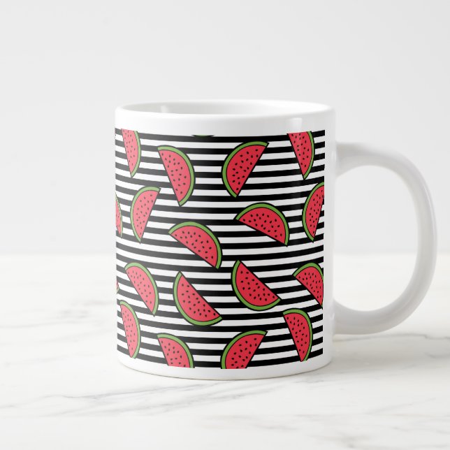 Watermelon on Black & White Stripes Pattern Large Coffee Mug (Right)