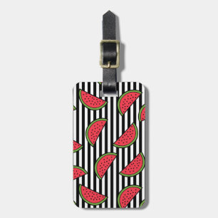 Watermelon on Black & White Stripes Pattern Luggage Tag