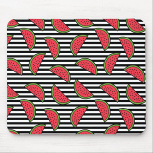 Watermelon on Black & White Stripes Pattern Mouse Pad