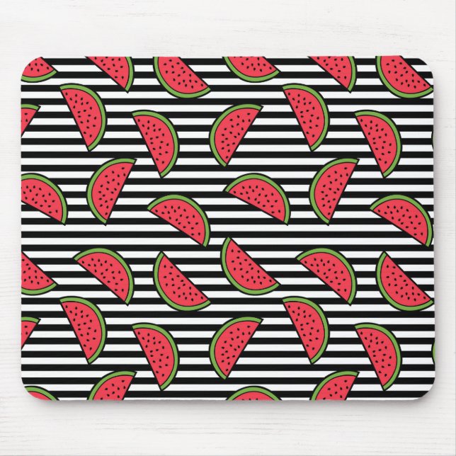 Watermelon on Black & White Stripes Pattern Mouse Pad (Front)