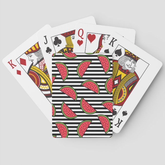 Watermelon on Black & White Stripes Pattern Playing Cards (Back)