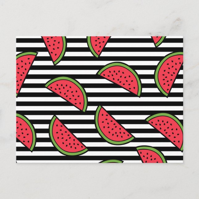 Watermelon on Black & White Stripes Pattern Postcard (Front)