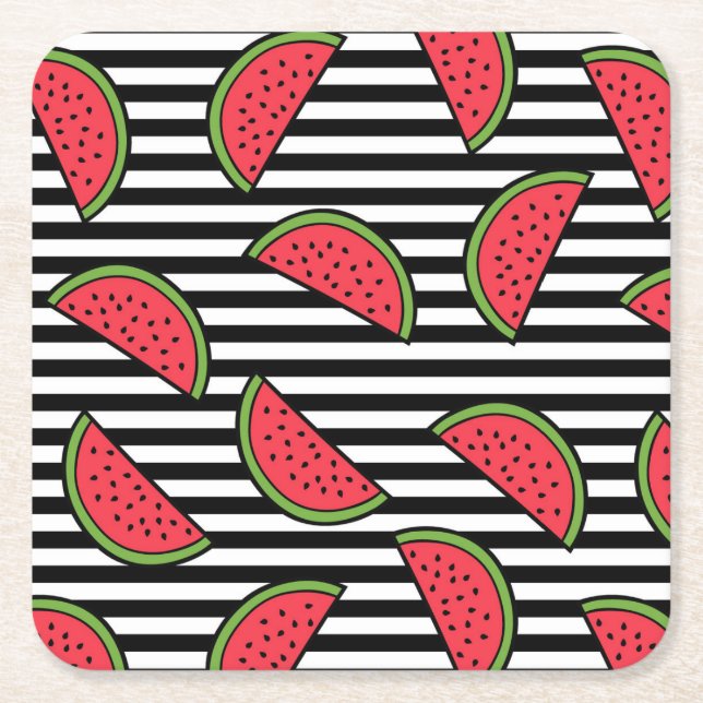 Watermelon on Black & White Stripes Pattern Square Paper Coaster (Front)
