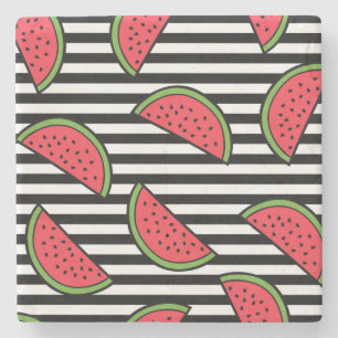 Watermelon on Black & White Stripes Pattern Stone Coaster