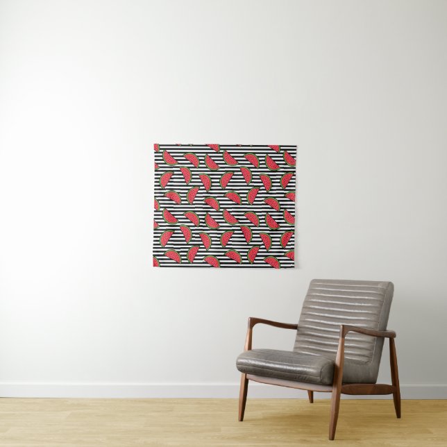 Watermelon on Black & White Stripes Pattern Tapestry (In Situ (Horizontal))