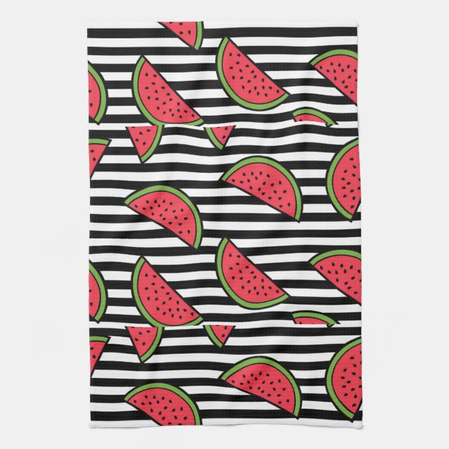 Watermelon on Black & White Stripes Pattern Tea Towel (Vertical)