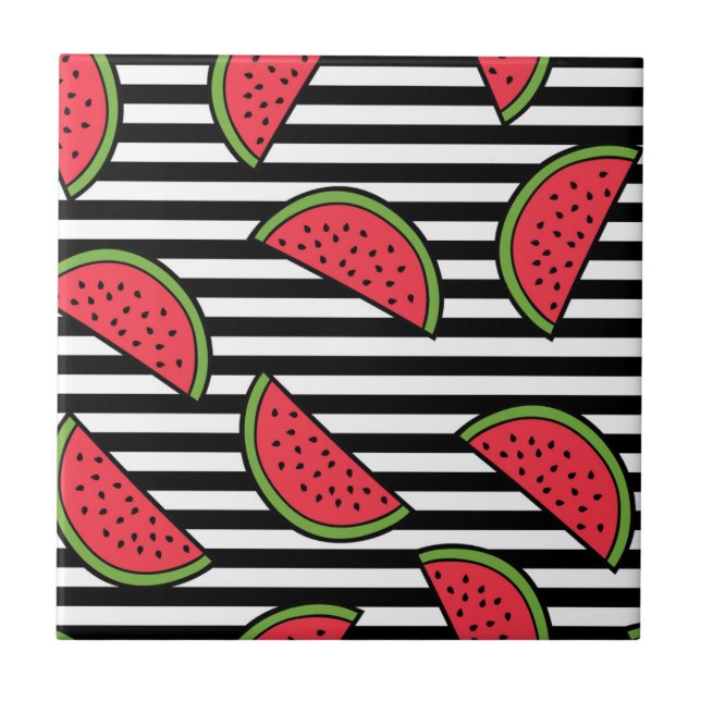 Watermelon on Black & White Stripes Pattern Tile (Front)