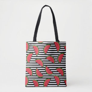 Watermelon on Black & White Stripes Pattern Tote Bag