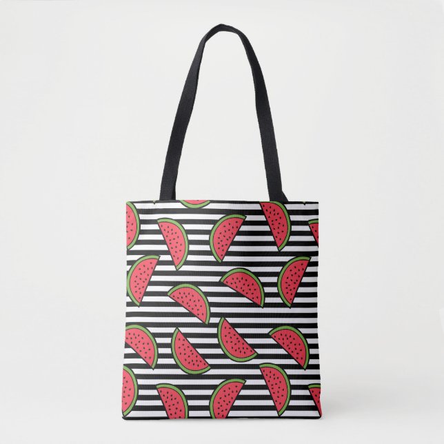 Watermelon on Black & White Stripes Pattern Tote Bag (Front)