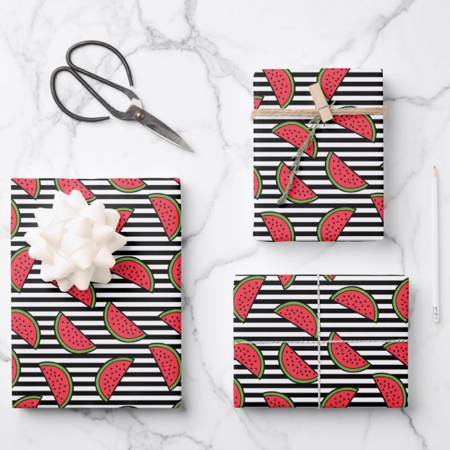 Watermelon on Black & White Stripes Pattern Wrapping Paper Sheet (Front)