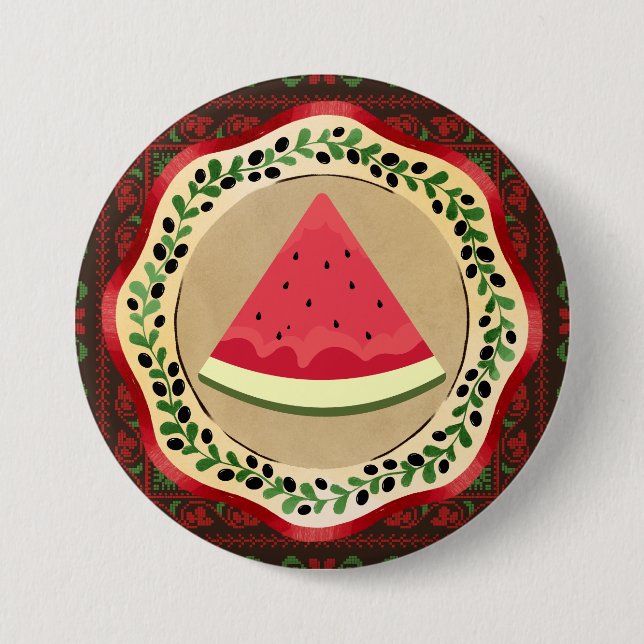 watermelon on olive plate with Palestinian tatreez 7.5 Cm Round Badge (Front)