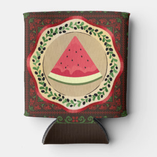 watermelon on olive plate with Palestinian tatreez Can Cooler