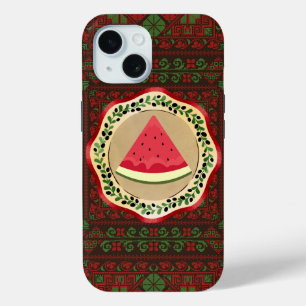 watermelon on olive plate with Palestinian tatreez iPhone 15 Case
