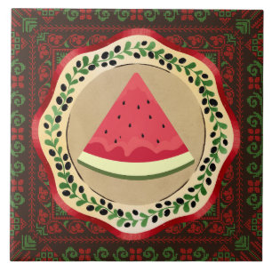watermelon on olive plate with Palestinian tatreez Ceramic Tile