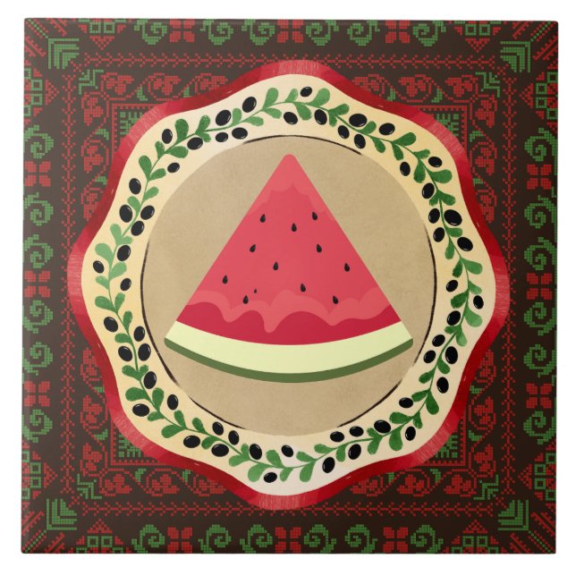 watermelon on olive plate with Palestinian tatreez Ceramic Tile (Front)