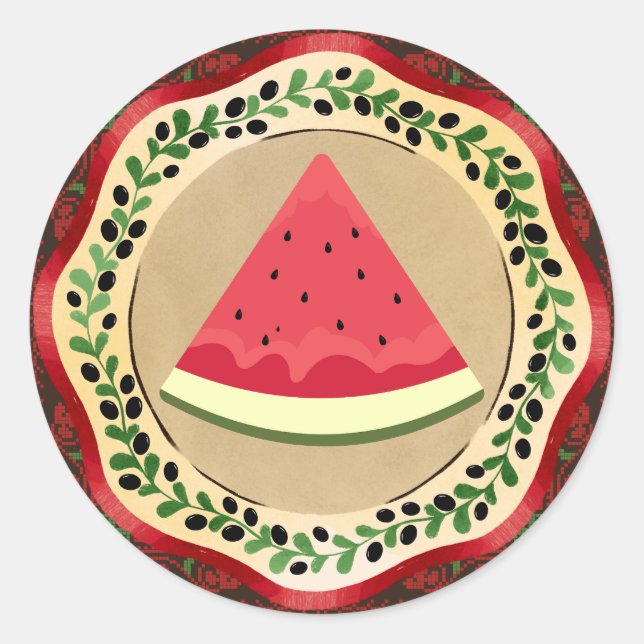 watermelon on olive plate with Palestinian tatreez Classic Round Sticker (Front)