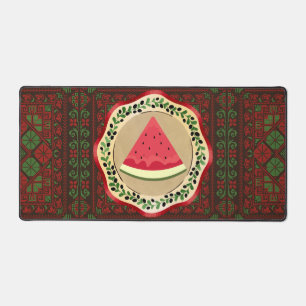 watermelon on olive plate with Palestinian tatreez Desk Mat