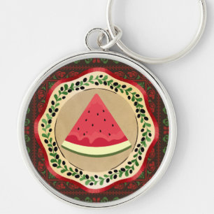 watermelon on olive plate with Palestinian tatreez Key Ring