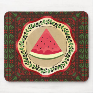 watermelon on olive plate with Palestinian tatreez Mouse Pad