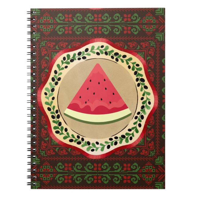watermelon on olive plate with Palestinian tatreez Notebook (Front)