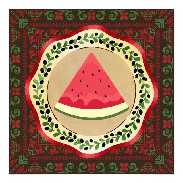 watermelon on olive plate with Palestinian tatreez Photo Print (Front)