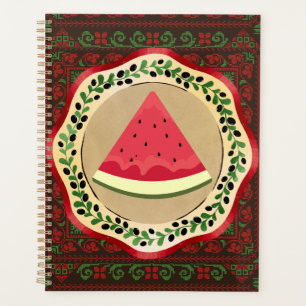 watermelon on olive plate with Palestinian tatreez Planner