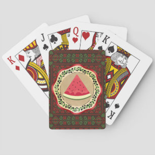 watermelon on olive plate with Palestinian tatreez Playing Cards