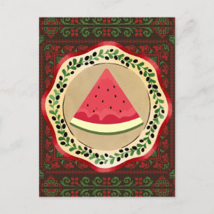 watermelon on olive plate with Palestinian tatreez Postcard