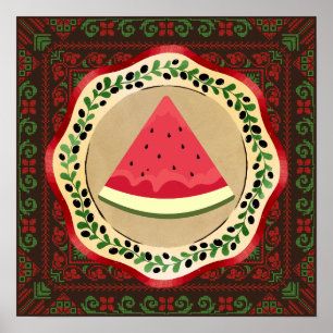 watermelon on olive plate with Palestinian tatreez Poster