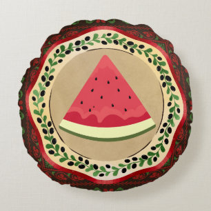 watermelon on olive plate with Palestinian tatreez Round Cushion