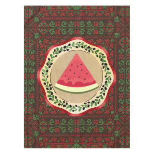 watermelon on olive plate with Palestinian tatreez Tablecloth