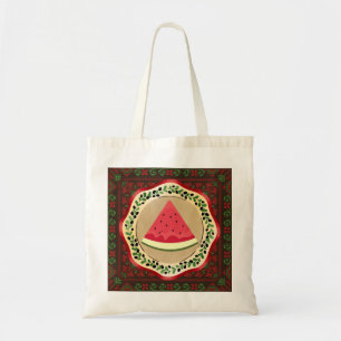 watermelon on olive plate with Palestinian tatreez Tote Bag