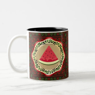 watermelon on olive plate with Palestinian tatreez Two-Tone Coffee Mug