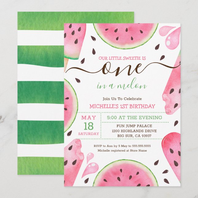 Watermelon One In A Melon 1st Birthday Invitation (Front/Back)