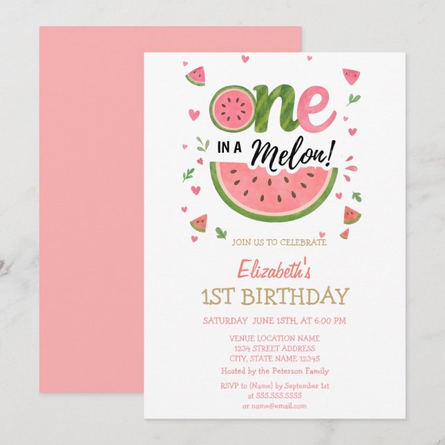 Watermelon One In A Melon 1st Birthday  Invitation (Front/Back)