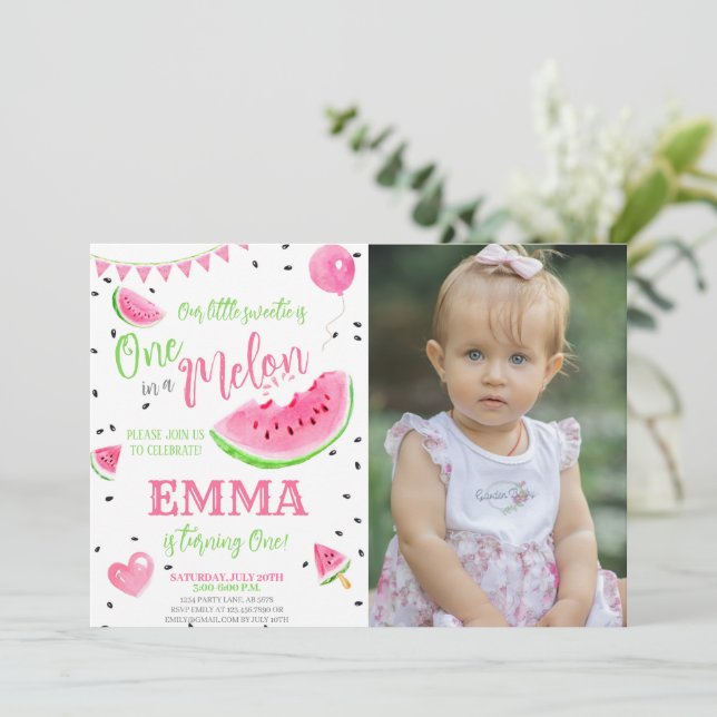 Watermelon One In A Melon 1st Birthday Photo Invitation (Standing Front)