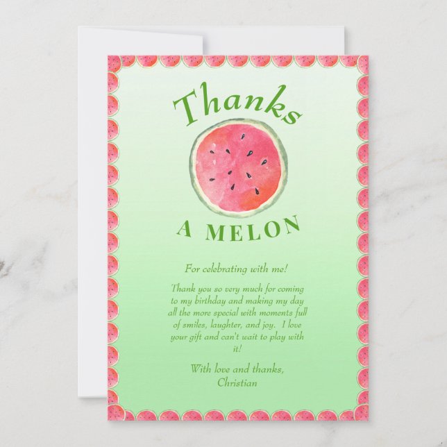 Watermelon One In A Melon First Birthday Thank You Card (Front)