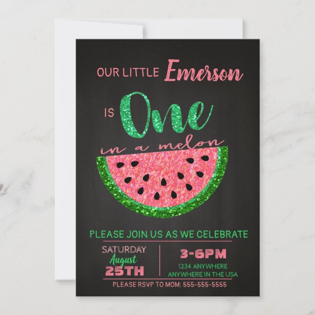 Watermelon, One in a Melon Invitation Glitter (Front)