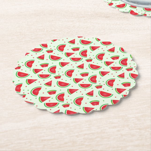 Watermelon Pattern Fruit Summertime Light Green Paper Coaster (Angled)