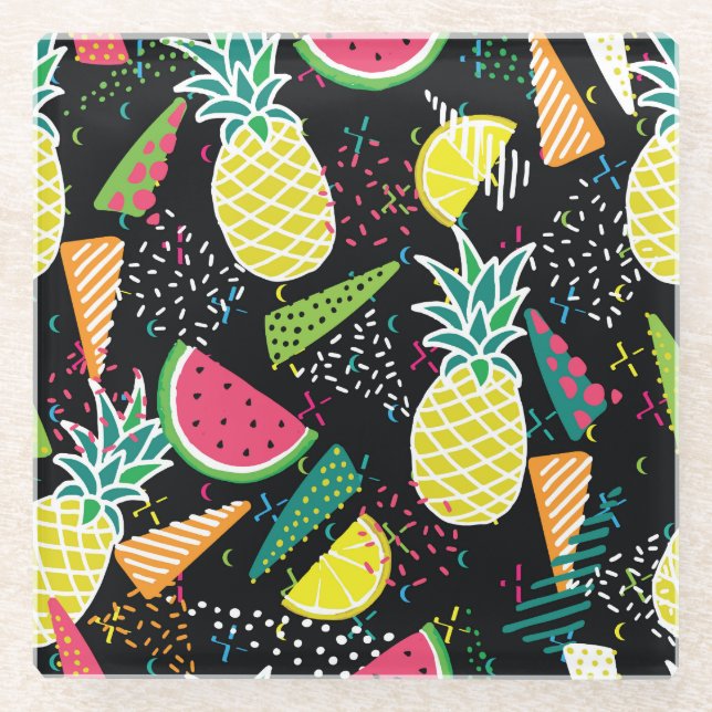Watermelon Pineapple: Geometrical Seamless Pattern Glass Coaster (Front)