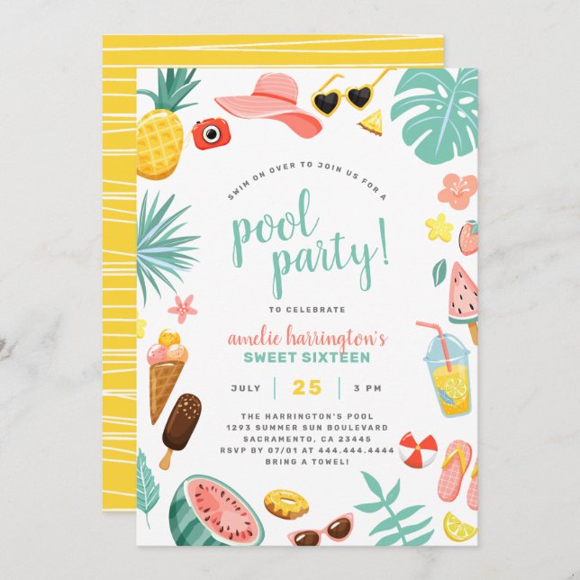 Watermelon, Pineapple & Tropical Leaves Pool Party Invitation (Front/Back)