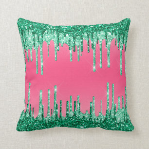 Watermelon Pink and Green Dripping Glitter Shiny Cushion