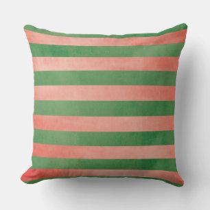 Watermelon Pink and Green Stripe Outdoor Pillow
