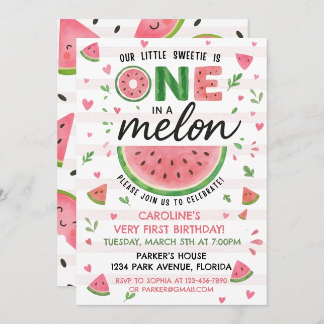  Watermelon Pink Birthday Invitation  (Front/Back)