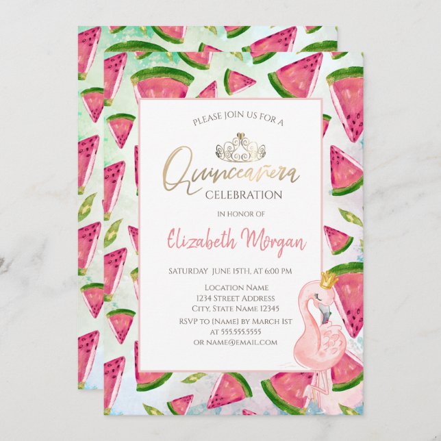  Watermelon Pink Flamingos Quinceañera Invitation (Front/Back)