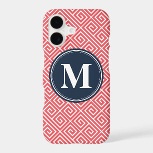 Watermelon Pink Greek Key Pattern Navy Monogram