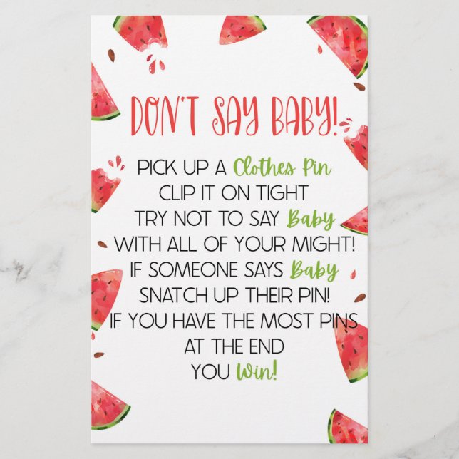 Watermelon Pink Green Don't Say Baby Shower Game Stationery (Front)