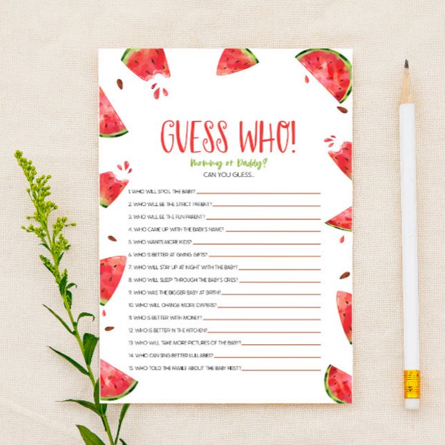 Watermelon Pink Green Guess Who Baby Shower Game  Stationery (Creator Uploaded)