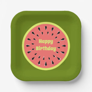 Watermelon Pink Happy Birthday square Paper Plate