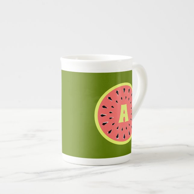 Watermelon Pink Monogram Bone China Mug (Front Right)
